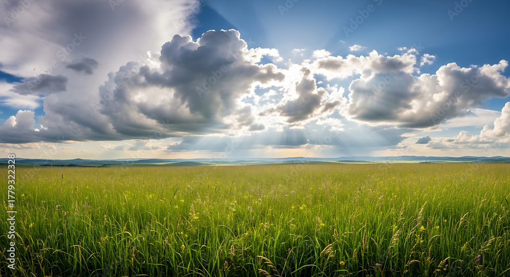 Obraz premium Scenic Grassland Landscape with Dramatic Cloudscape and Sunlight