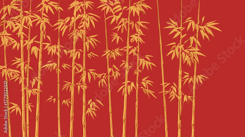 Vector illustration of golden bamboo stems with leaves isolated on a red background