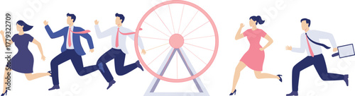 Business people running in hamster wheel symbolizing corporate rat race, stress, work pressure, competition, modern office life challenge illustration