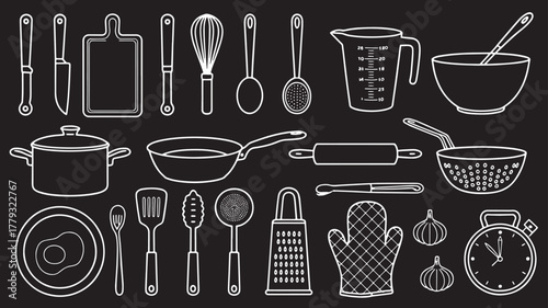 Collection of kitchen utensils and cooking equipment drawn in white outline on black