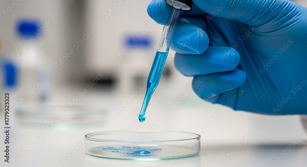 Fototapeta premium A gloved hand carefully drips blue liquid from a pipette into a petri dish during a laboratory experiment.