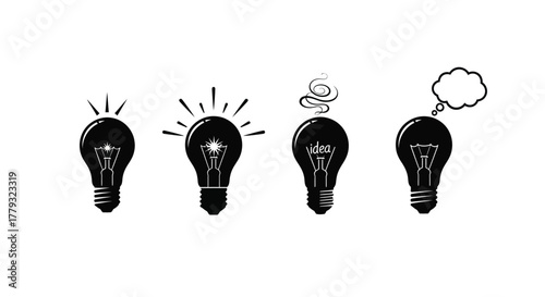 Collection of light bulbs showing different stages of idea generation isolated on white background