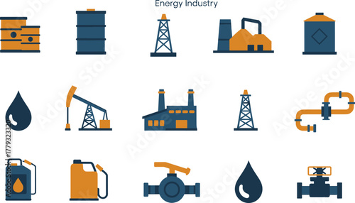 Energy industry flat design illustration showing oil barrels, refinery equipment, drilling rigs, gas extraction, and petroleum production infrastructure icons