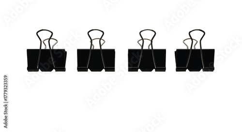 Row of black binder clips used for holding paper isolated on white background