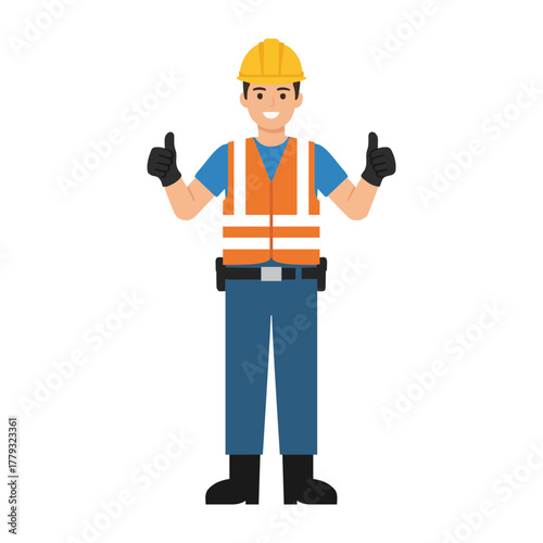 Smiling construction worker in safety vest and helmet giving thumbs up, symbolizing approval of safety and quality work