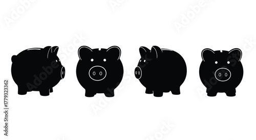 Collection of piggy banks in different views isolated on white background