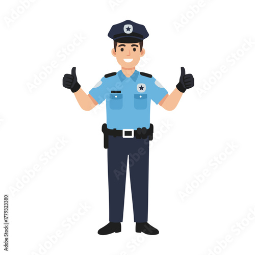 Police officer in uniform giving double thumbs up, representing law enforcement, security, and approval of safety measures