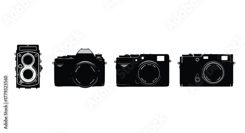 Silhouette of vintage camera collection isolated on white background in black color