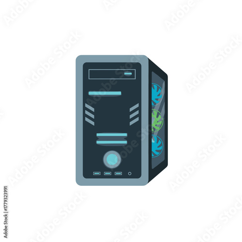 A flat style illustration of a gaming computer CPU tower featuring RGB lighting and a modern design, symbolizing power, performance, and advanced technology