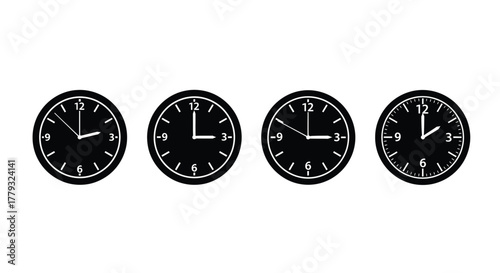 Four black clocks showing different times isolated on white background