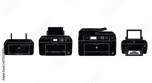 Four black printers isolated on white background