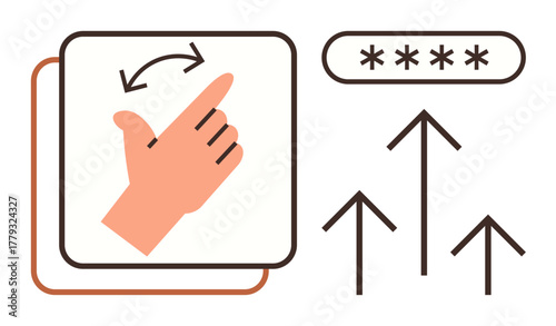 Hand swipe gesture with curved arrows, password field input with asterisks, and upward arrows. Ideal for user interaction, swipe action, reset, security, progress, navigation simple flat metaphor