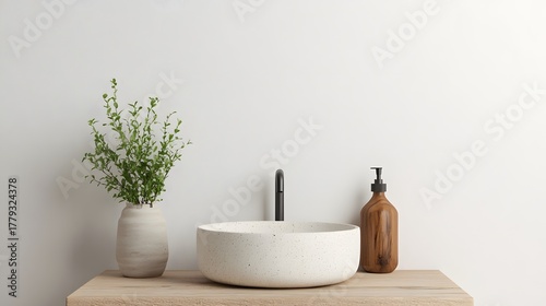 Modern minimal sink and amber bottle high resolution photo