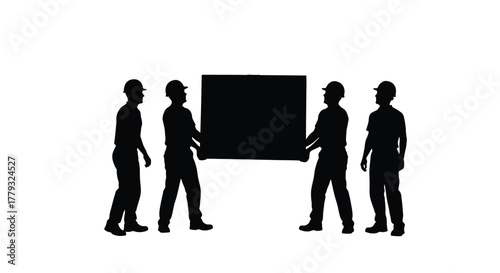 Silhouette of four workers carrying a large box isolated on white background
