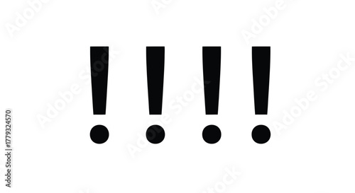 Four exclamation marks in a row isolated on white background