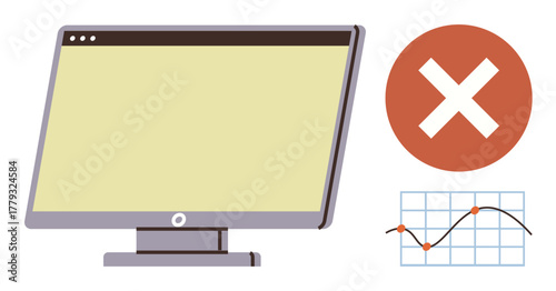 Computer monitor next to red error mark and downward graph. Ideal for themes of error, data analysis, poor performance, system failure, troubleshooting, warnings, technology issues. Simple flat