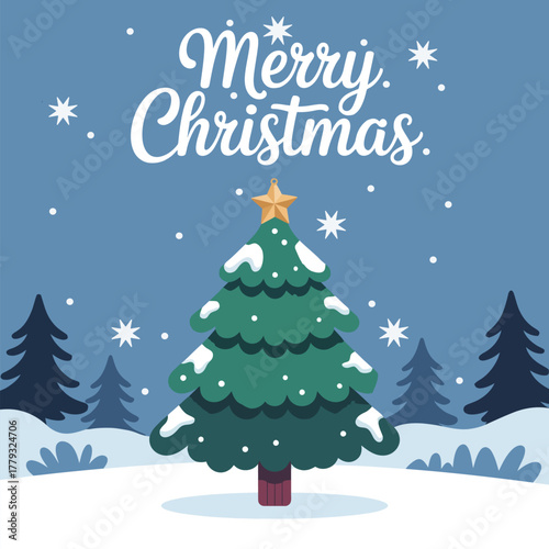 Festive Christmas Holiday Scene with Decorated Tree and Snowy Landscape Ideal for Seasonal Greetings and Celebrations creating a joyful atmosphere for Christmas