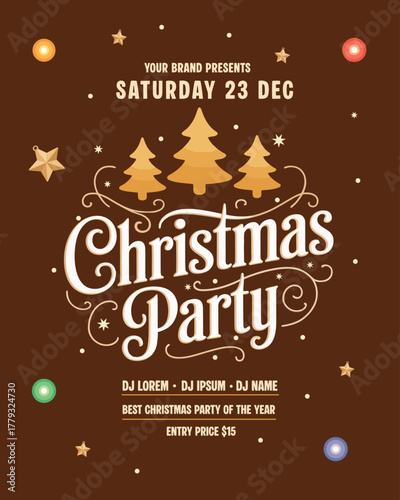 Festive Christmas Party Invitation with Elegant Typography and Decorative Elements Featuring Stylized Trees and Sparkling Ornaments Set Against a Warm Brown Background Promoting Holiday Cheer
