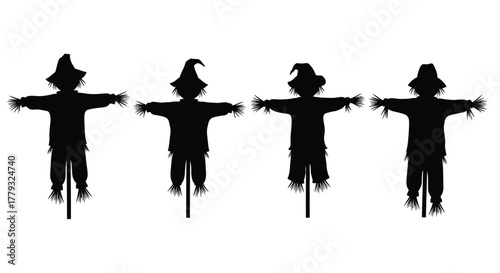 Four scarecrows in black silhouette isolated on white background