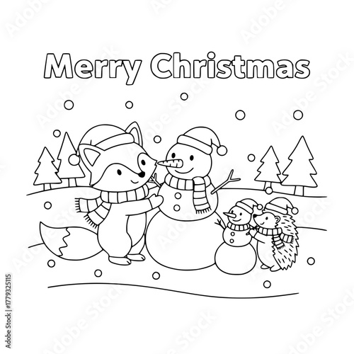 Fox kit and hedgehog building snowman family with “Merry Christmas,” coloring book page for toddlers Generative AI