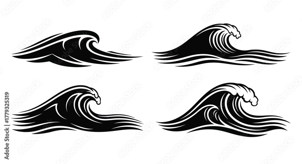 Obraz premium Collection of wave silhouettes isolated on white background for design use