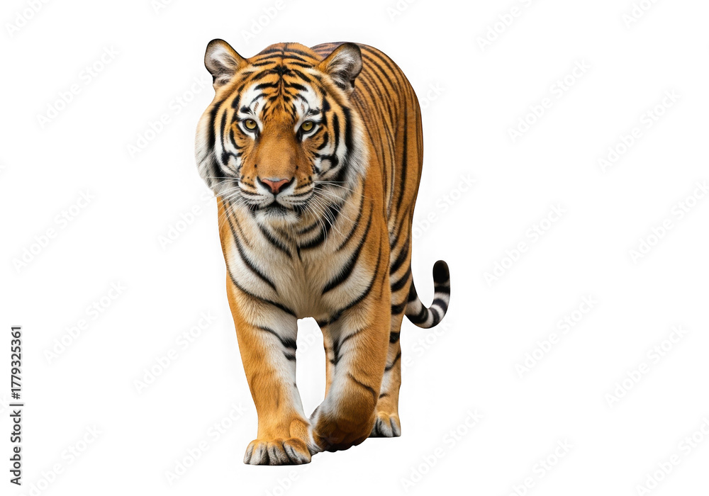 Obraz premium Majestic tiger walking forward fierce eyes striking orange black stripes powerful predator transparent background