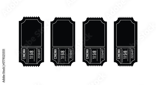 Four black cinema tickets isolated on white background