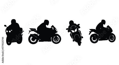 Four silhouette motorcycle riders isolated on white background are displayed