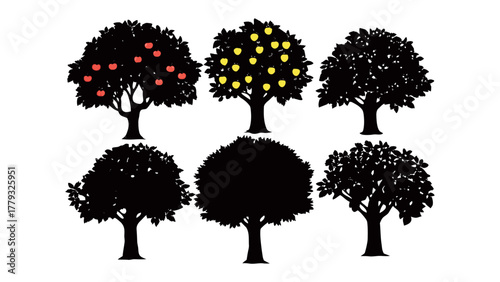 Orchard Silhouettes: Diverse silhouettes of fruit trees display the variety of nature's bounty, creating a strong visual presence
