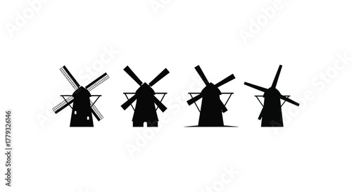 Four black windmill silhouettes isolated on white background for design use