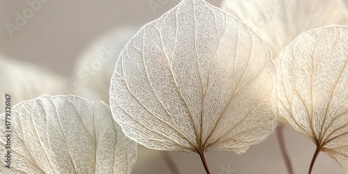 Delicate skeletal plant forms with translucent, textured leaves. Soft focus, beige background, natural light