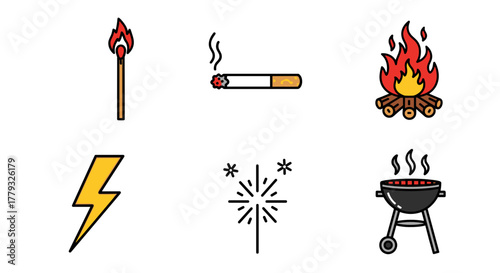 Collection of Wildfires themed icons, including Match, Cigarette, Campfire, Lightning, Spark, Barbecue