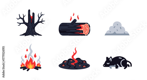 Collection of Wildfires themed icons, including Charred Tree, Burnt Log, Ash, Embers, Scorched Earth, Dead Animal