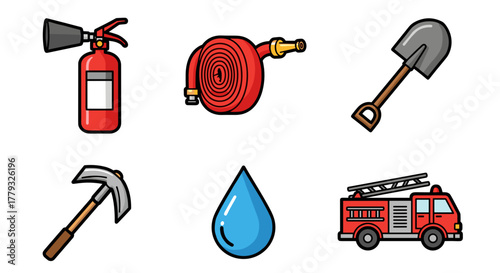 Collection of Wildfires themed icons, including Fire Extinguisher, Fire Hose, Shovel, Pulaski, Water Drop, Fire Truck