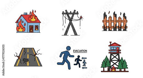 Collection of Wildfires themed icons, including Burning House, Power Line, Burnt Fence, Damaged Road, Evacuation, Fire Watchtower