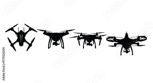 Four drone silhouette isolated on white background, unmanned aerial vehicle