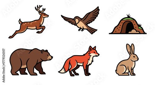 Collection of Wildfires themed icons, including Running Deer, Bird Flying Away, Burrow, Bear, Fox, Rabbit