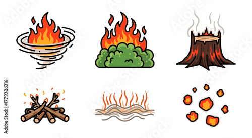Collection of Wildfires themed icons, including Fire Whirl, Blazing Bush, Smoldering Stump, Crackling Twigs, Heat Haze, Glowing Embers