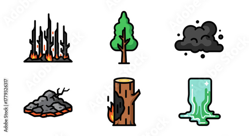 Collection of Wildfires themed icons, including Burnt Forest, Surviving Tree, Soot, Charred Ground, Fire Scar on Tree, Melted Glass