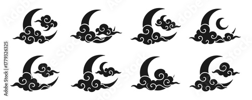 Crescent moons with decorative clouds in black silhouettes. Oriental style elements create a mystical nighttime atmosphere. Suitable for tattoos or graphic art