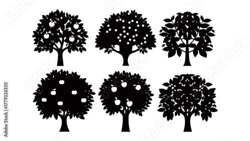 Tree Silhouette Collection: A set of intricately designed tree silhouettes showcases the beauty and diversity of nature's arboreal forms.