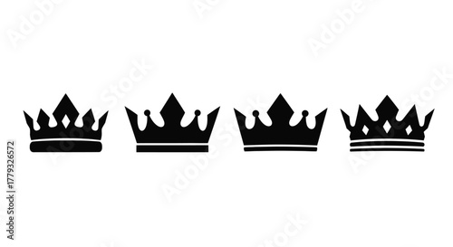Four black crown icons isolated on white background for royal symbol