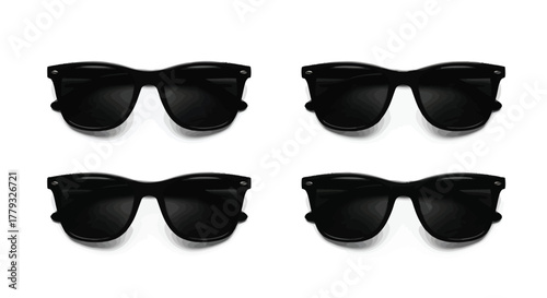 Four pairs of black sunglasses isolated on white background, top view