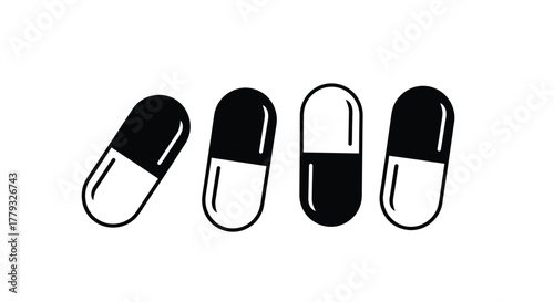 Four medicine capsule isolated on white background, black and white color