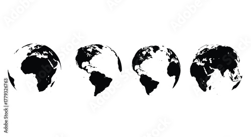 Four earth globe isolated on white background, different angle and view