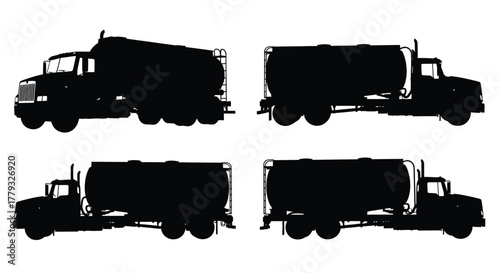 Four black silhouette tanker trucks isolated on white background for transport