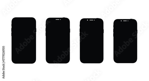Four black smartphone silhouettes isolated on white background