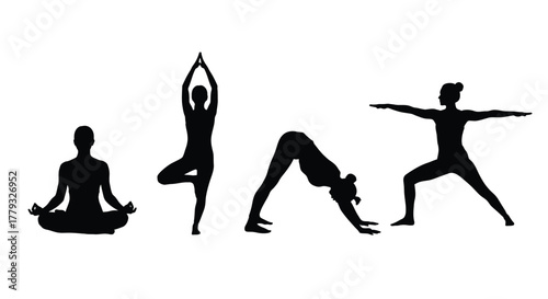 Silhouettes of women practicing yoga poses isolated on white background