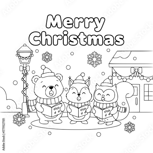 Bear cub, squirrel, and owl Christmas caroling with “Merry Christmas,” coloring book page for toddlers Generative AI