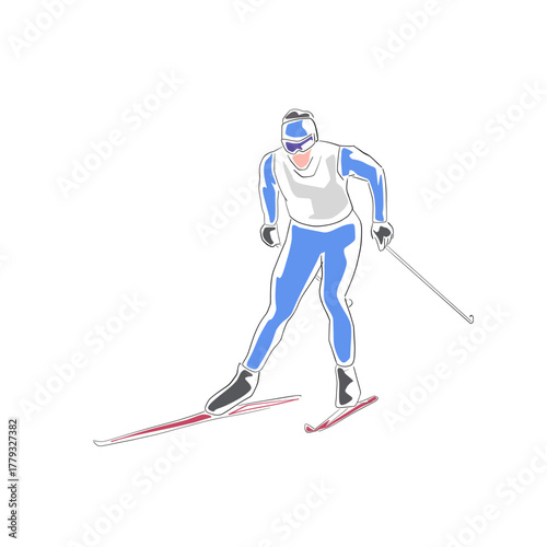 Isolated vector illustration of a cross-country skier. Male athlete skiing in winter sports activity. Thin line art with flat color fill